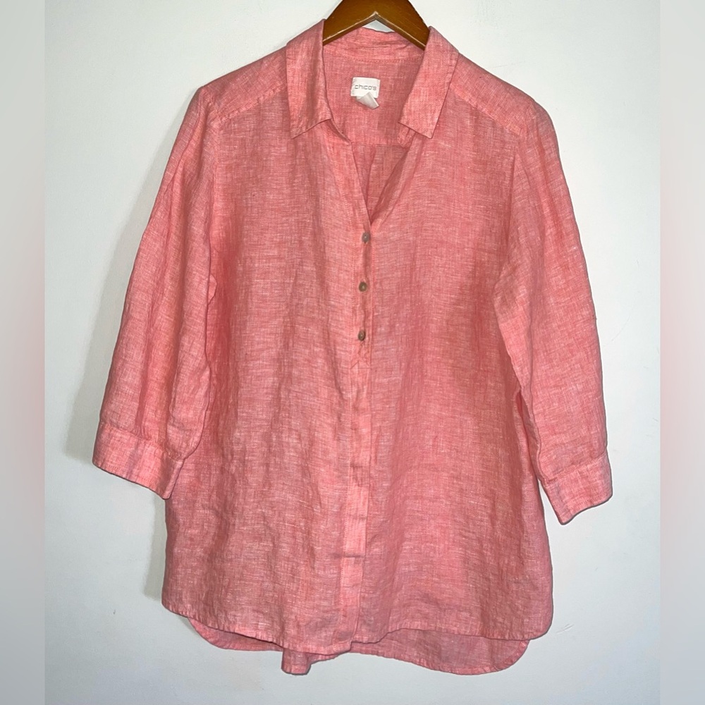 Chico’s 100% Linen Button Down Shirt Top Sz L